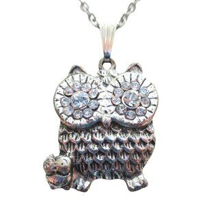 Owl Pendant Necklace 20" Stainless Chain - Rhinestone Accents - Gift Boxed
